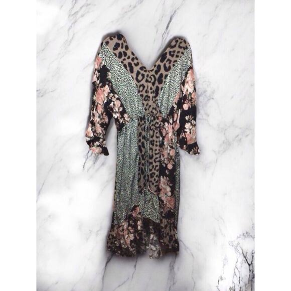 Gigio Usa Animal Print High Low Dress L Multicolored Floral V Neck Elastic Waist - Picture 1 of 9